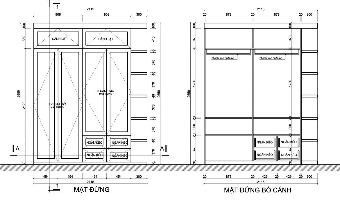Bản vẽ kỹ thuật tủ áo khi học AutoCAD cho thiết kế nội thất