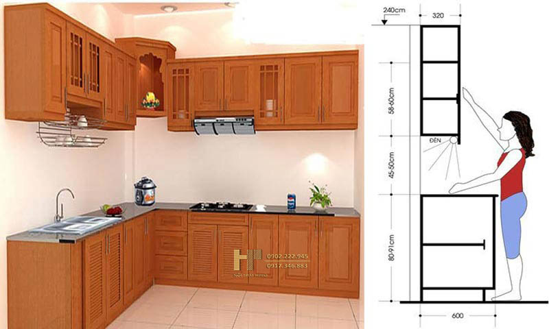 nhân trắc học trong thiết kế nội thất bếp với chiều cao mặt bếp và tầm với tủ trên