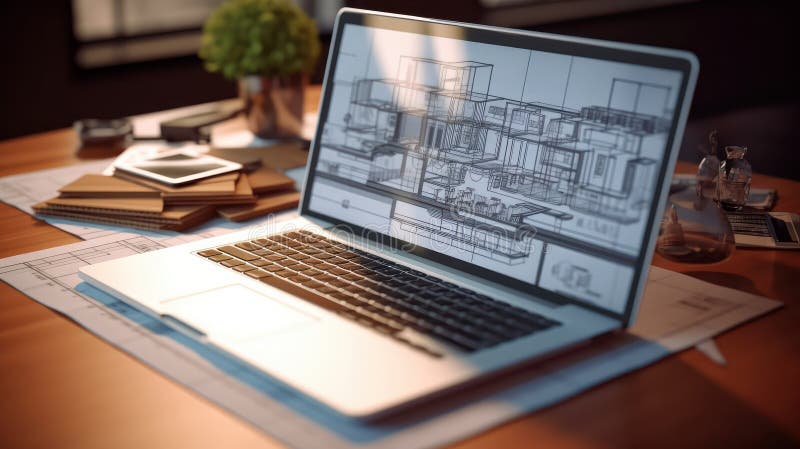 freelance thiết kế nội thất làm việc tại nhà với laptop và bản vẽ