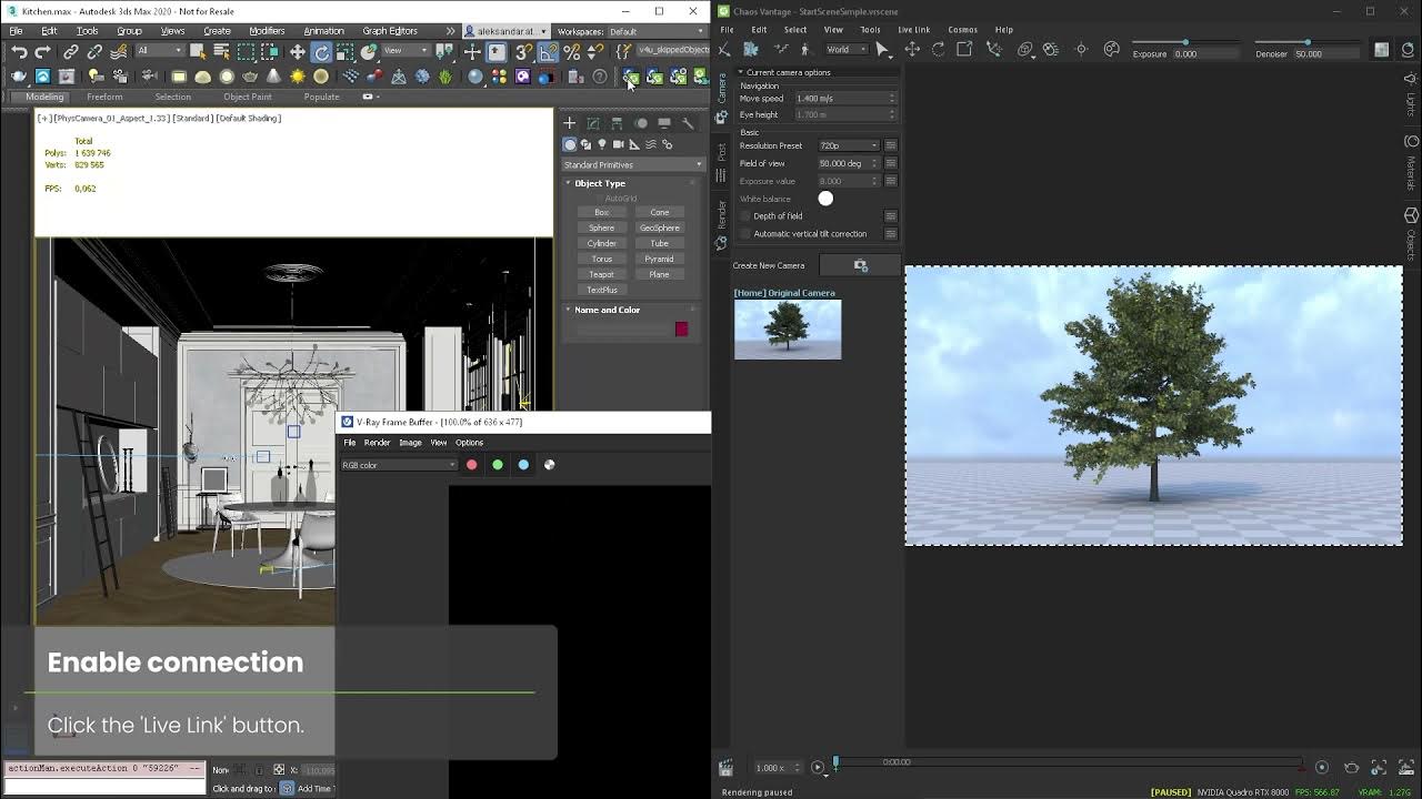 giao diện phần mềm Chaos Vantage kết nối live link 3ds Max